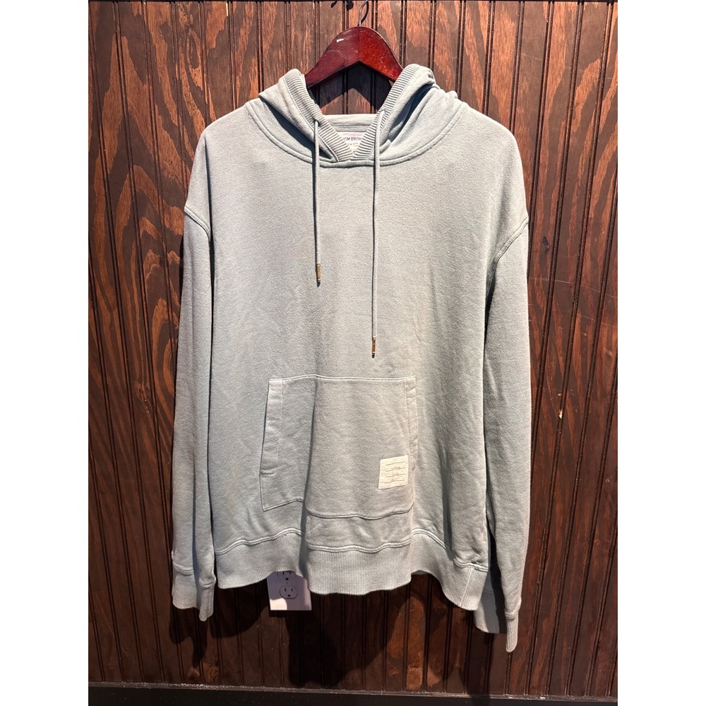 Thom Browne Light Blue Cotton Jersey Pullover Hoodie Name Tag Patch Mens XL